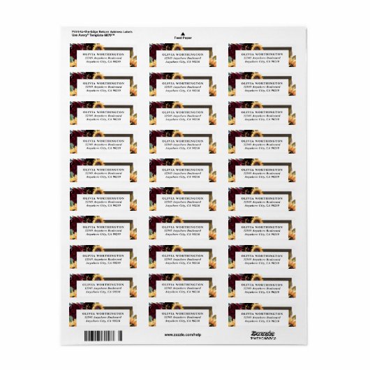 Zonnebloem en Rozen Burgundy Red Navy Blue Weddens Etiket (Full Sheet)