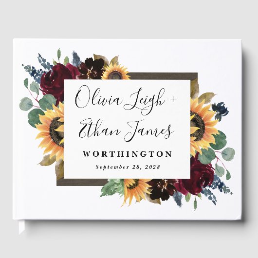 Zonnebloem en Rozen Burgundy Red Navy Blue Weddens Gastenboek (Voorkant)