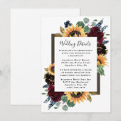 Zonnebloem en Rozen Burgundy Red Navy Blue Weddens Informatiekaartje (Voorkant / Achterkant)