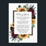 Zonnebloem en Rozen Burgundy Red Navy Blue Weddens Informatiekaartje<br><div class="desc">In het ontwerp staan elegante waterverf rozen, pinda's, wilde bloemen en zonnebloemen in verschillende tinten van woegeerrood, blauw van de marine en meer over een schraal van eucalyptusgroen. Het ontwerp kenmerkt ook een lijst van het barnhout onder de baars. Een unieke doopvontlay-out vult het algemene ontwerp aan. U kunt de...</div>
