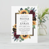 Zonnebloem en Rozen Burgundy Red Navy Blue Weddens Kaart (Staand voorkant)