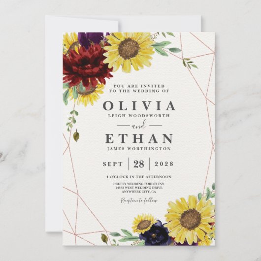 Zonnebloem en Rozen Burgundy Red Navy Blue Weddens Kaart (Voorkant)