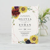 Zonnebloem en Rozen Burgundy Red Navy Blue Weddens Kaart (Staand voorkant)