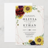 Zonnebloem en Rozen Burgundy Red Navy Blue Weddens Kaart (Voorkant / Achterkant)