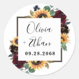 Zonnebloem en Rozen Burgundy Red Navy Blue Weddens Ronde Sticker