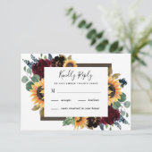 Zonnebloem en Rozen Burgundy Red Navy Blue Weddens RSVP Kaartje (Staand voorkant)