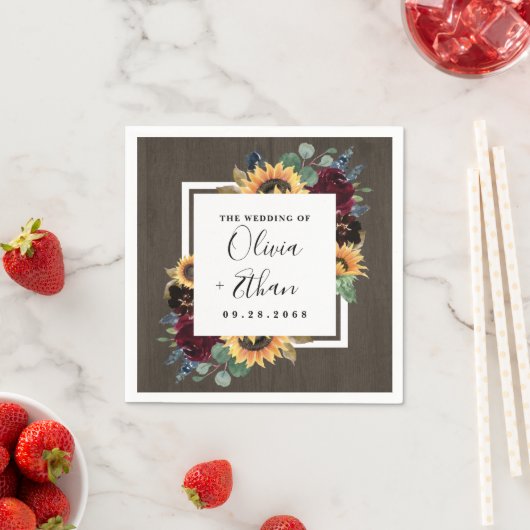 Zonnebloem en Rozen Burgundy Red Navy Blue Weddens Servet (Insitu)