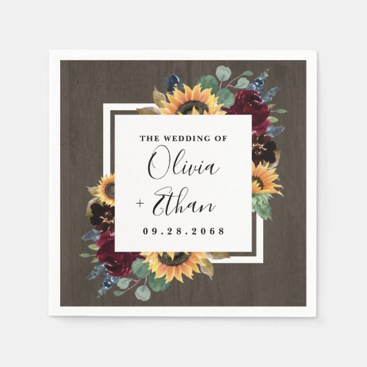 Zonnebloem en Rozen Burgundy Red Navy Blue Weddens Servet (Voorkant)