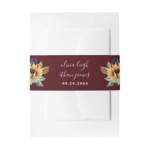 Zonnebloem en Rozen Burgundy Red Navy Blue Weddens Uitnodigingen Wikkel