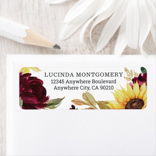 Zonnebloem en Rozen Burgundy Red Rustic Wedding Etiket (Insitu)