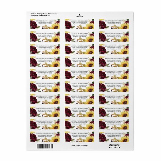 Zonnebloem en Rozen Burgundy Red Rustic Wedding Etiket (Full Sheet)