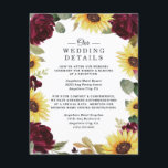 Zonnebloem en Rozen Burgundy Red Rustic Wedding Informatiekaartje<br><div class="desc">Het ontwerp is voorzien van prachtige waterverf zonnebloemen en rode bruine rozen met elegante eucalyptus en andere groene elementen. Het ontwerp kenmerkt ook een moderne tekstlay-out.</div>