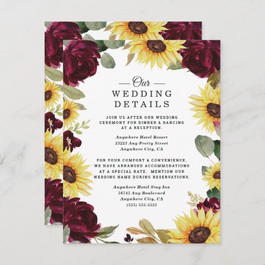 Zonnebloem en Rozen Burgundy Red Rustic Wedding Informatiekaartje (Voorkant / Achterkant)