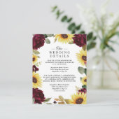 Zonnebloem en Rozen Burgundy Red Rustic Wedding Informatiekaartje (Staand voorkant)