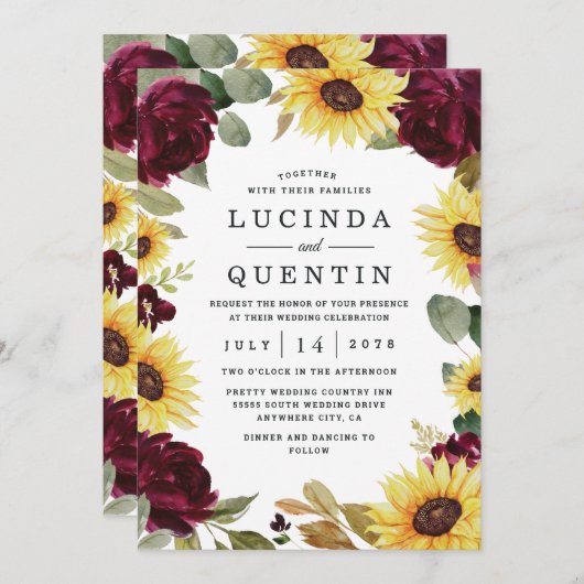 Zonnebloem en Rozen Burgundy Red Rustic Wedding Kaart (Voorkant / Achterkant)