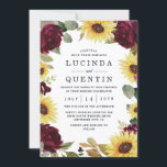 Zonnebloem en Rozen Burgundy Red Rustic Wedding Kaart<br><div class="desc">Het ontwerp is voorzien van prachtige waterverf zonnebloemen en rode bruine rozen met elegante eucalyptus en andere groene elementen. Het ontwerp kenmerkt ook een moderne tekstlay-out.</div>