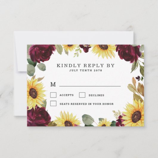 Zonnebloem en Rozen Burgundy Red Rustic Wedding RSVP Kaartje (Voorkant)