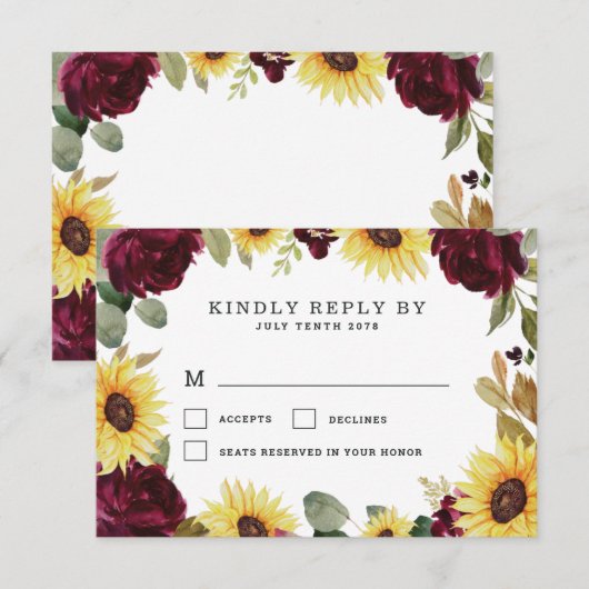 Zonnebloem en Rozen Burgundy Red Rustic Wedding RSVP Kaartje (Voorkant / Achterkant)