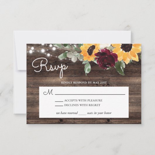 Zonnebloem en Rozen Burgundy Red Rustic Wood RSVP Kaartje (Voorkant)