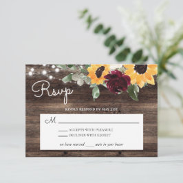 Zonnebloem en Rozen Burgundy Red Rustic Wood RSVP Kaartje