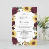 Zonnebloem en Rozen Burgundy Red Wedding Programma (Staand voorkant)