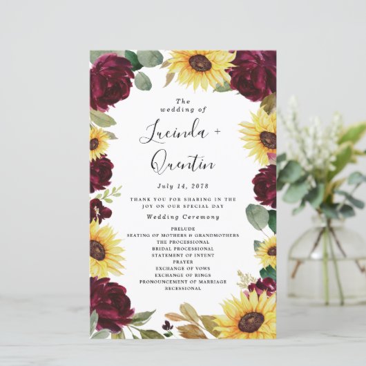Zonnebloem en Rozen Burgundy Red Wedding Programma (Staand voorkant)