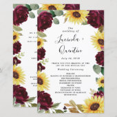 Zonnebloem en Rozen Burgundy Red Wedding Programma (Voorkant / Achterkant)