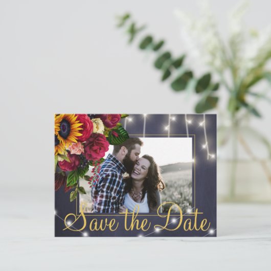 Zonnebloem en rozen marine foto opslaan datum brui aankondigingskaart (Staand voorkant)