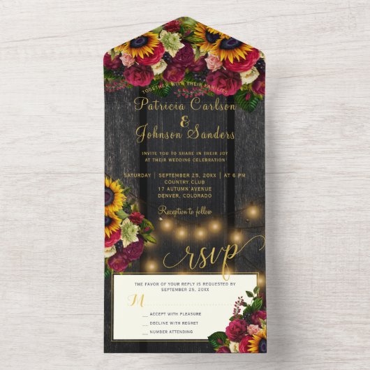 Zonnebloem en rozen met vuurwapens all in one uitnodiging (Binnen)