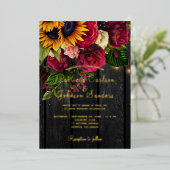 Zonnebloem en rozen met vuurwapens folie uitnodiging (Staand Voorkant)