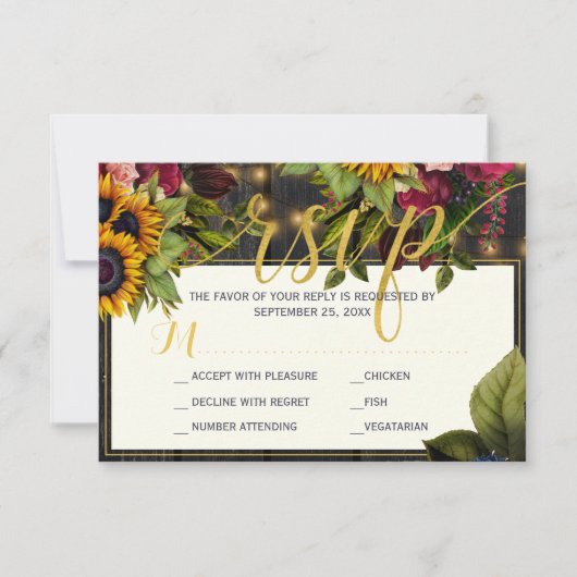 Zonnebloem en rozen met vuurwapens RSVP kaartje (Voorkant)