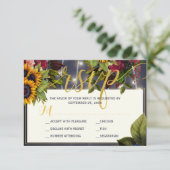 Zonnebloem en rozen navy bordeaux rustieke bruilof RSVP kaartje (Staand voorkant)