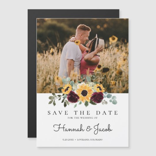 Zonnebloem en Rozen Robuuste foto Save the Date Magnetische Uitnodiging (Voorkant / Achterkant)