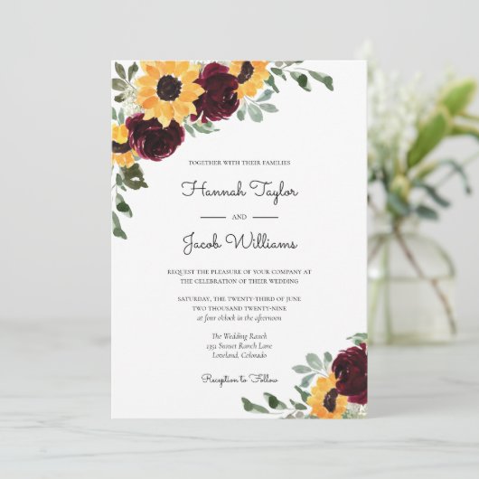 Zonnebloem en Rozen Rode bruiloft Kaart (Staand voorkant)