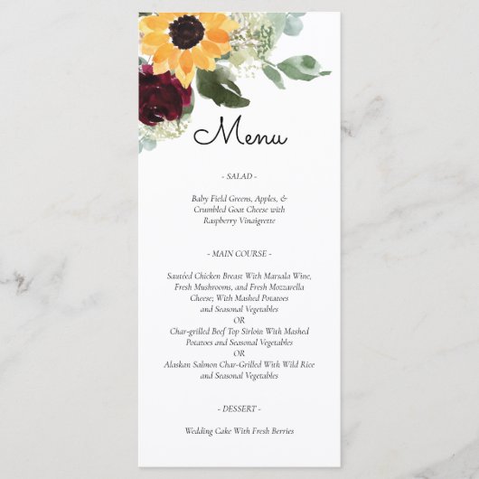 Zonnebloem en Rozen Rustic Country Wedding Menu (Voorkant)