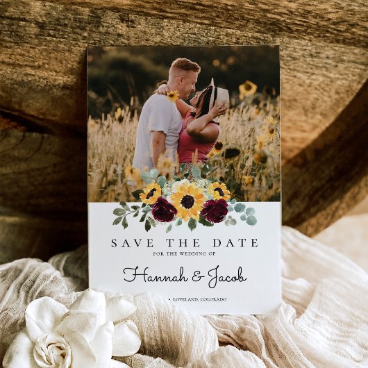 Zonnebloem en Rozen Rustic Fotobruiloft Save The Date