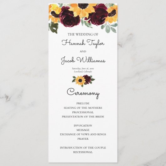 Zonnebloem en Rozen Rustic Greenery Wedding Programmakaart (Voorkant)