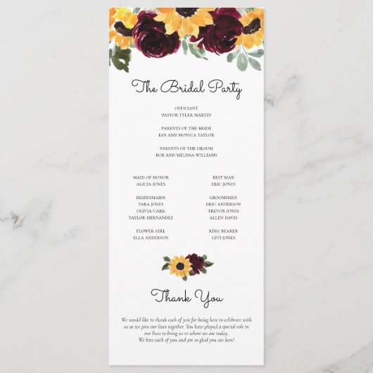 Zonnebloem en Rozen Rustic Greenery Wedding Programmakaart (Achterkant)