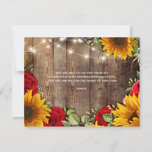 Zonnebloem en Rozen Rustic Wedding Details Kaart (Achterkant)