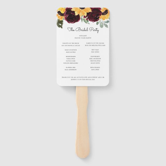 Zonnebloem en Rozen Rustic Wedding Programme Handwaaier (Achterkant)