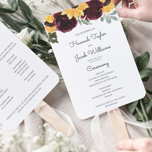 Zonnebloem en Rozen Rustic Wedding Programme Handwaaier