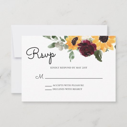Zonnebloem en Rozen Rustic Wedding RSVP Kaartje (Voorkant)
