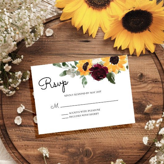 Zonnebloem en Rozen Rustic Wedding RSVP Kaartje
