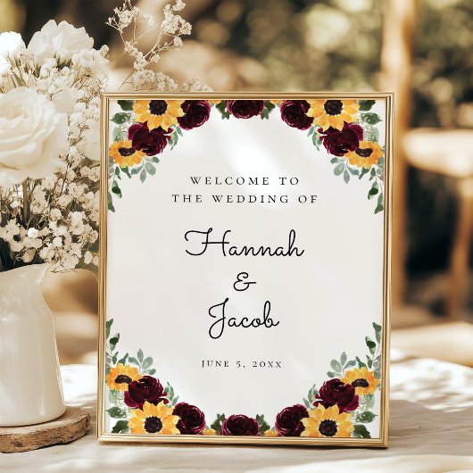 Zonnebloem en Rozen Rustic Wedding Welcome Poster