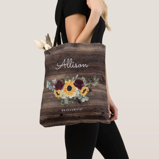 Zonnebloem en Rozen Rustic Wood Weddenschap Brides Tote Bag (Dichtbij)