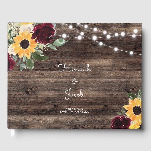 Zonnebloem en Rozen Rustic Wood Wedding Gastenboek (Voorkant)
