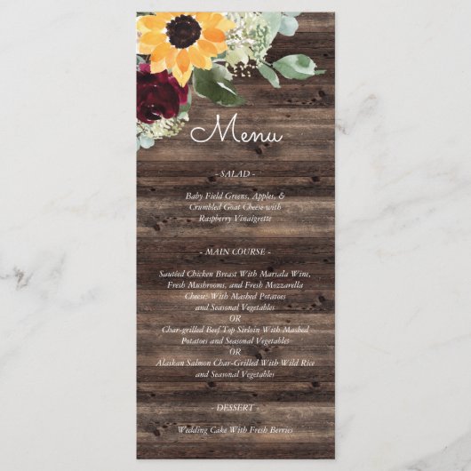 Zonnebloem en Rozen Rustic Wood Wedding Menu (Voorkant)