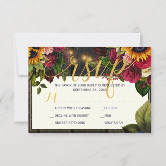 Zonnebloem en rozen rustieke budget bruiloft rsvp notitiekaartje (Voorkant)