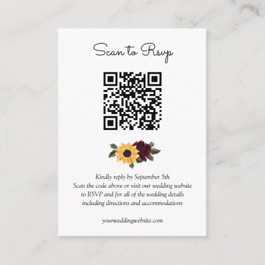 Zonnebloem en Rozen Rustige bruiloft QR-code RSVP Informatiekaartje (Voorkant)