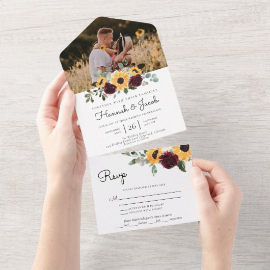 Zonnebloem en Rozen Rustische foto All In One Uitnodiging (Afscheurbaar)